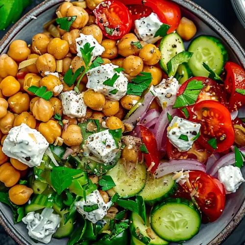 Chickpea Greek Salad with Tzatziki Dressing: A Veggie Protein Delight -receipster.com