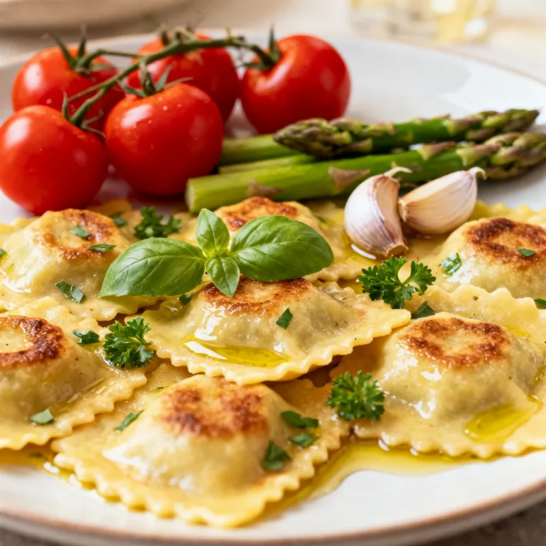 Delicious Ravioli with Fresh Tomatoes, Asparagus, Garlic, and Herbs
