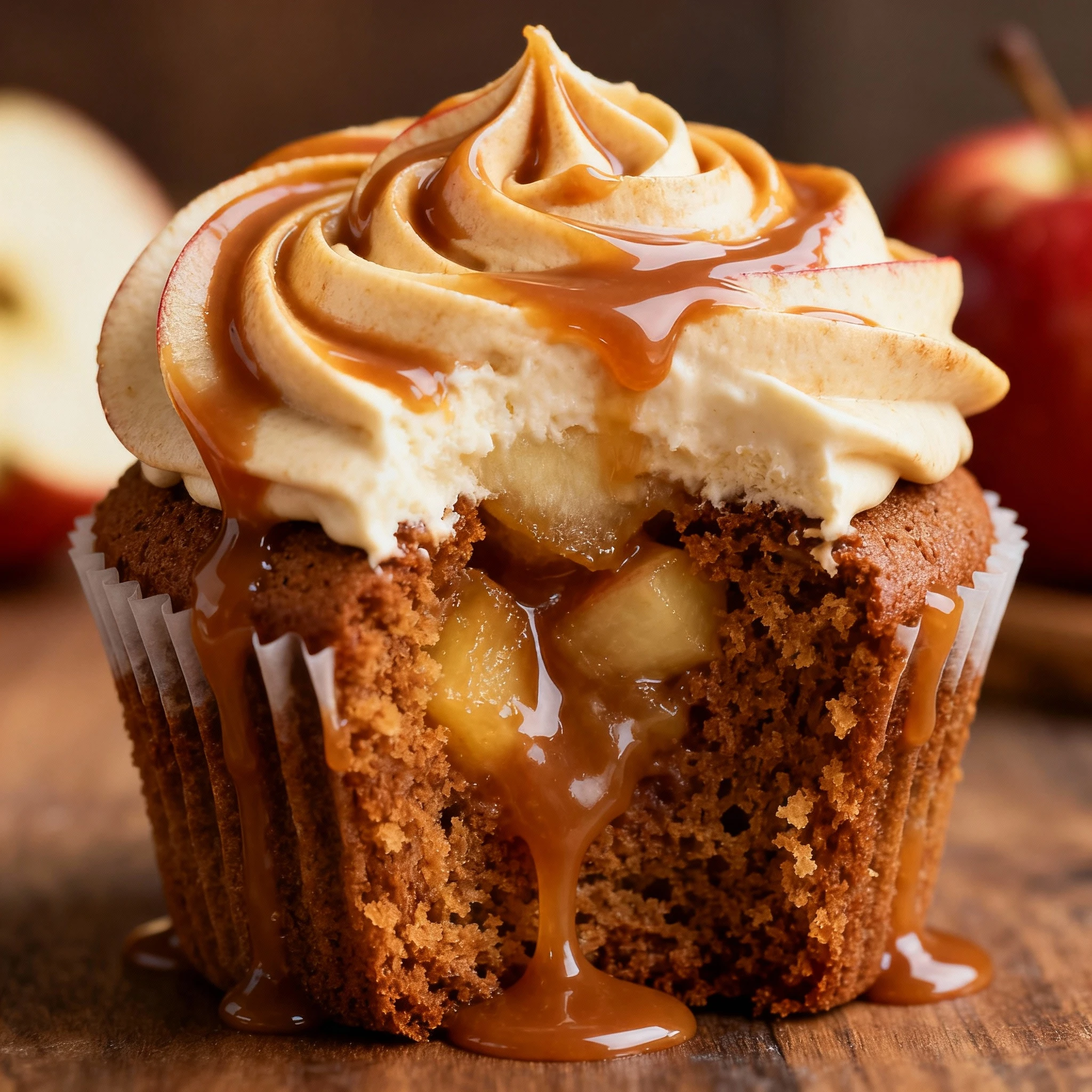 Caramel Apple Cupcakes with caramel frosting finished
