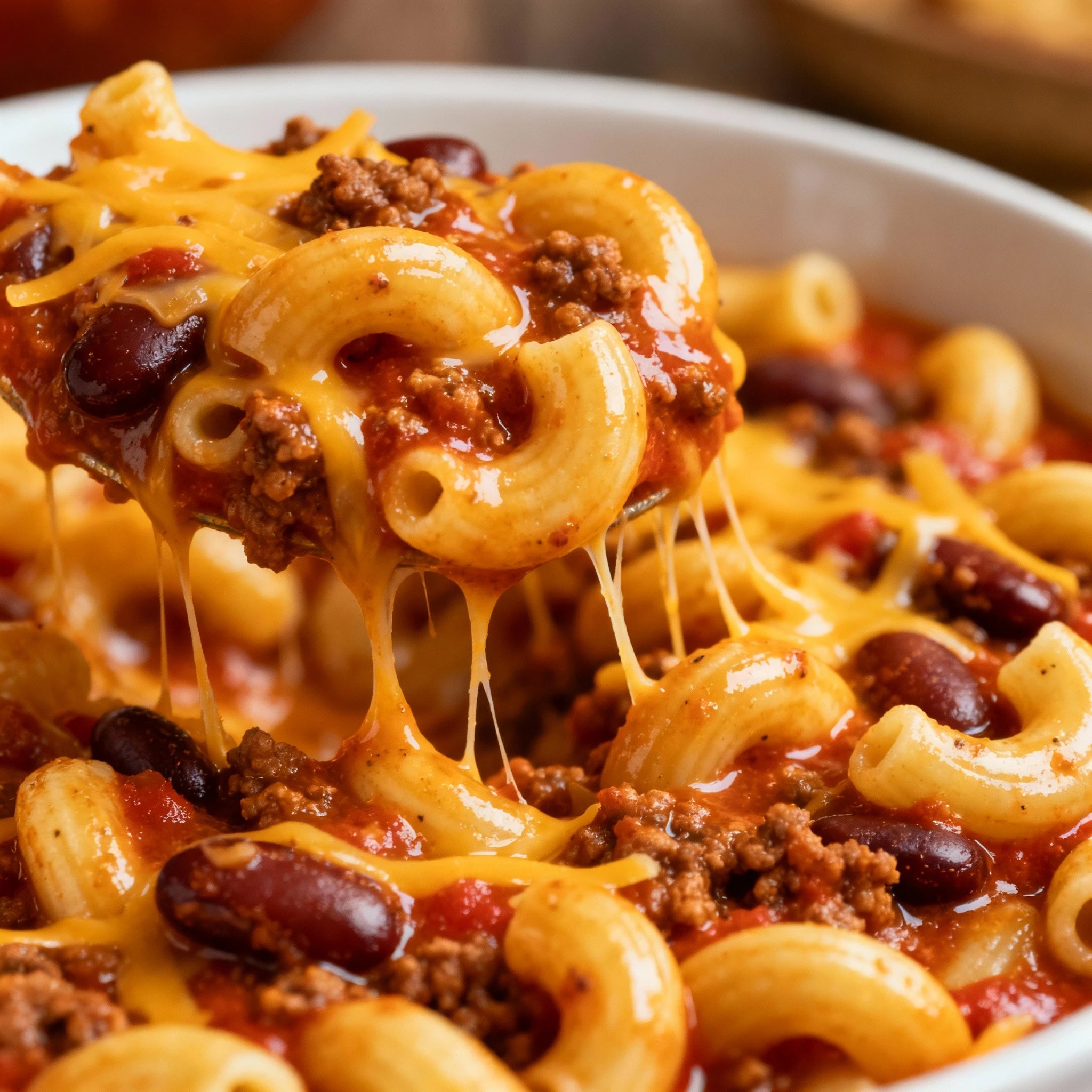 Recipe Title: Two classics in one bowl! This Chili Mac is quick, easy, and oh-so satisfying! finished