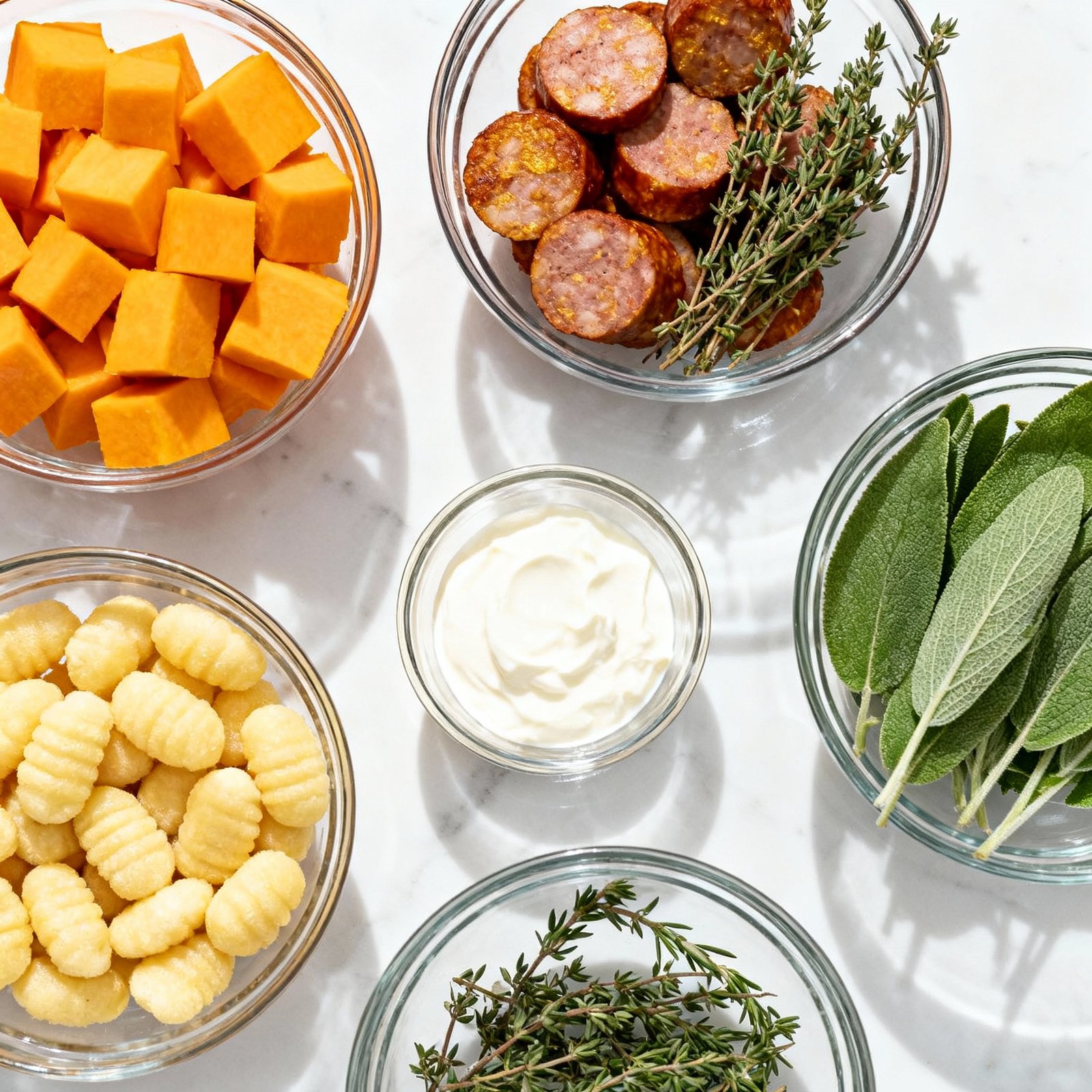 Creamy Butternut Squash Gnocchi with Sausage, Thyme, and Sage ingredients