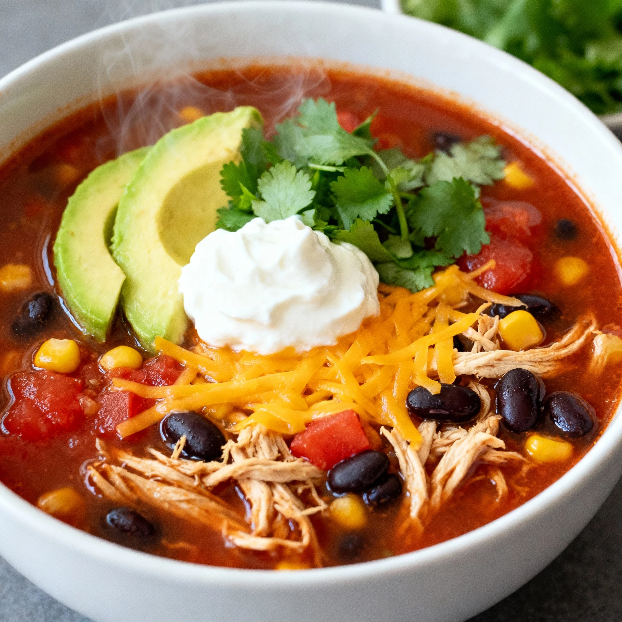 This quick and easy Chicken Taco Soup recipe is packed with tender chicken, beans, veggies and topped with your favorite taco toppings finished