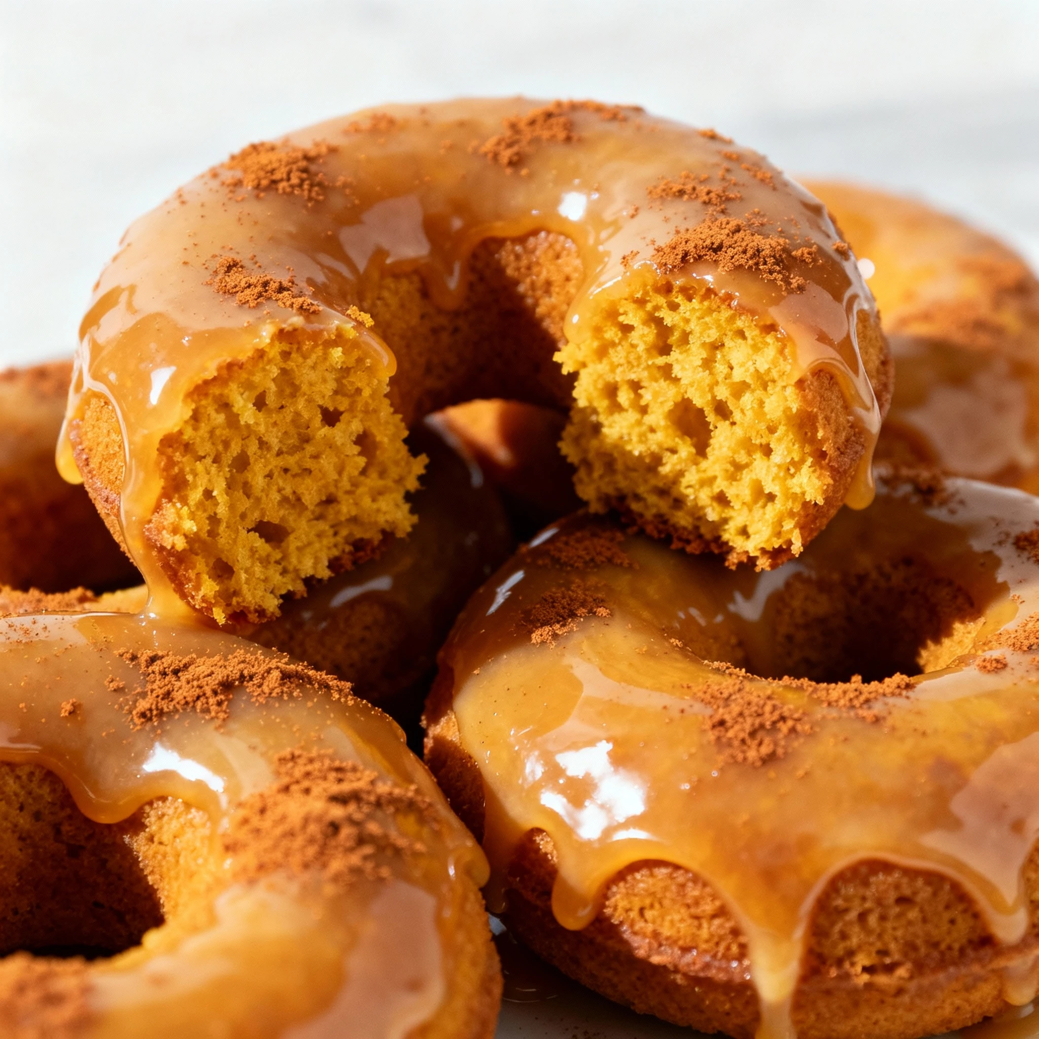 Soft, spiced pumpkin donuts topped with sweet maple glaze finished