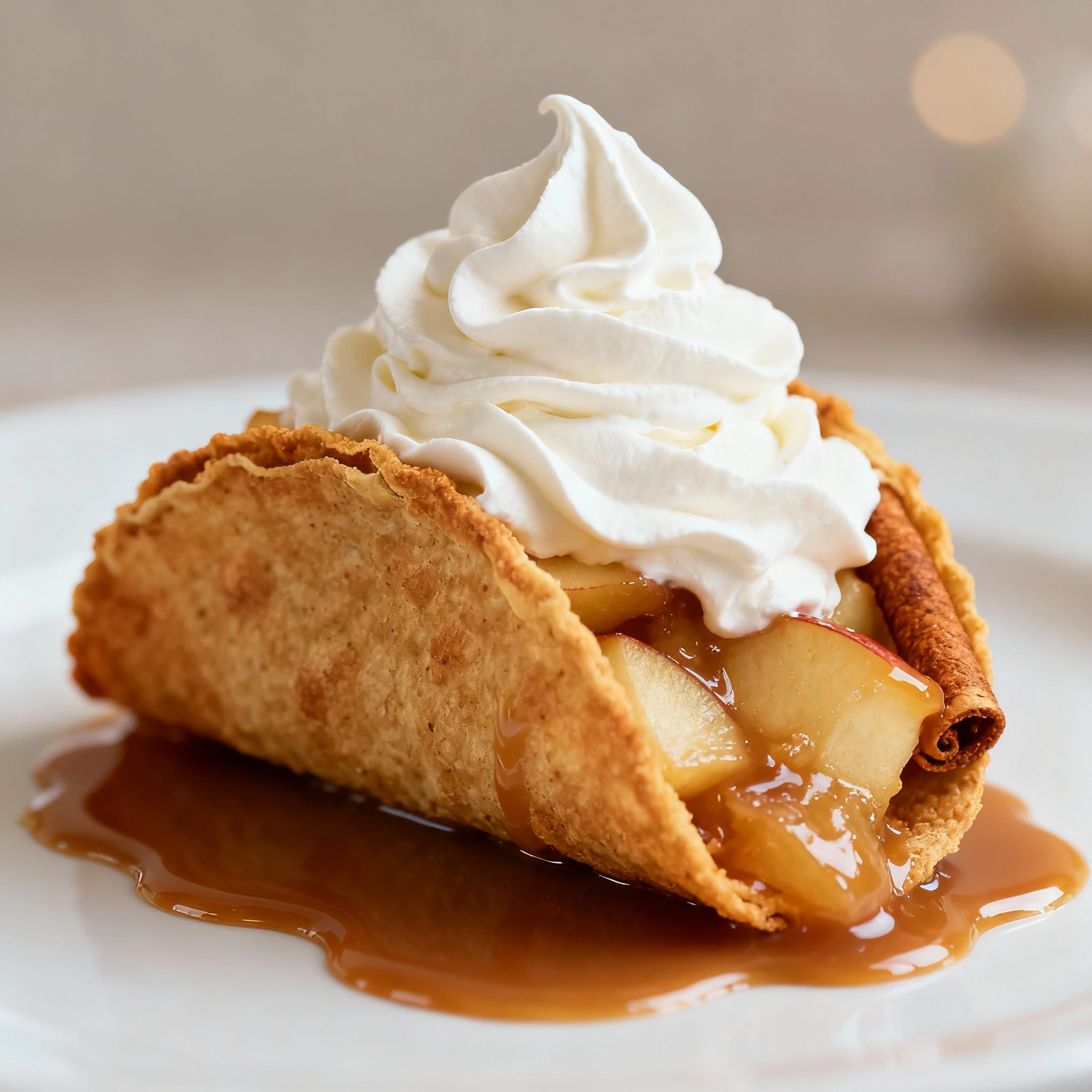 When apple pie meets tacos you know its going to be good. Crispy cinnamon taco shells filled with creamy apple pie filling and topped with whipped cream and caramel sauce. Your new favorite fall dessert finished