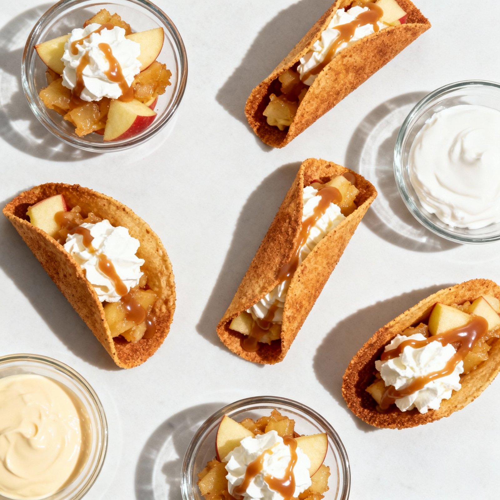 When apple pie meets tacos you know its going to be good. Crispy cinnamon taco shells filled with creamy apple pie filling and topped with whipped cream and caramel sauce. Your new favorite fall dessert ingredients