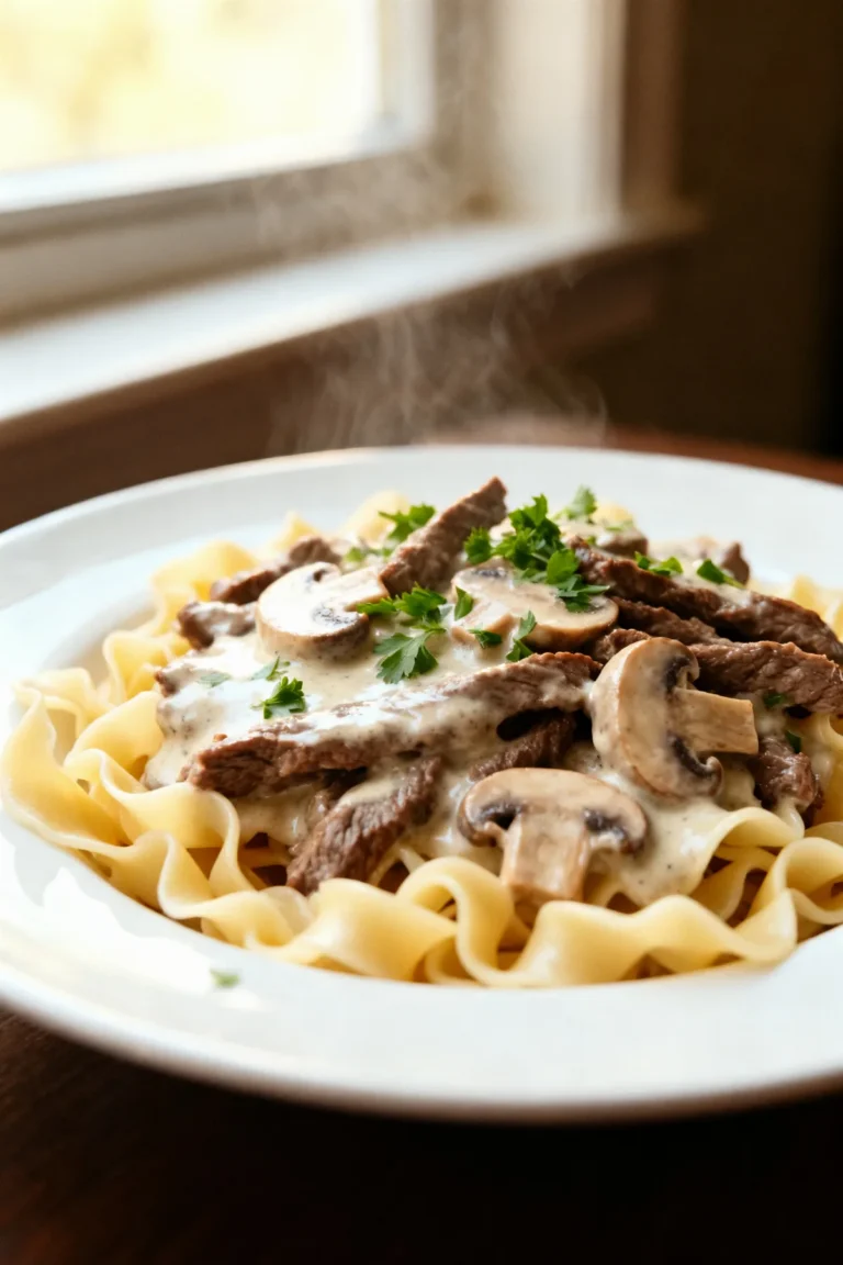 Classic Beef Stroganoff over Egg Noodles