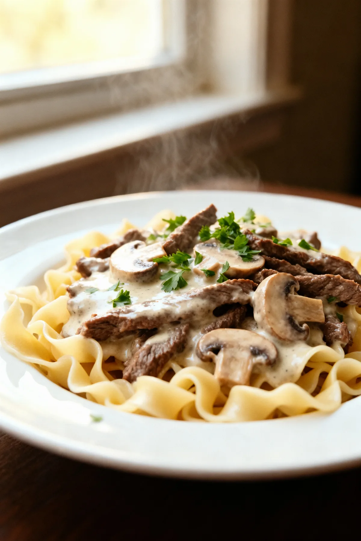 Classic Beef Stroganoff over Egg Noodles