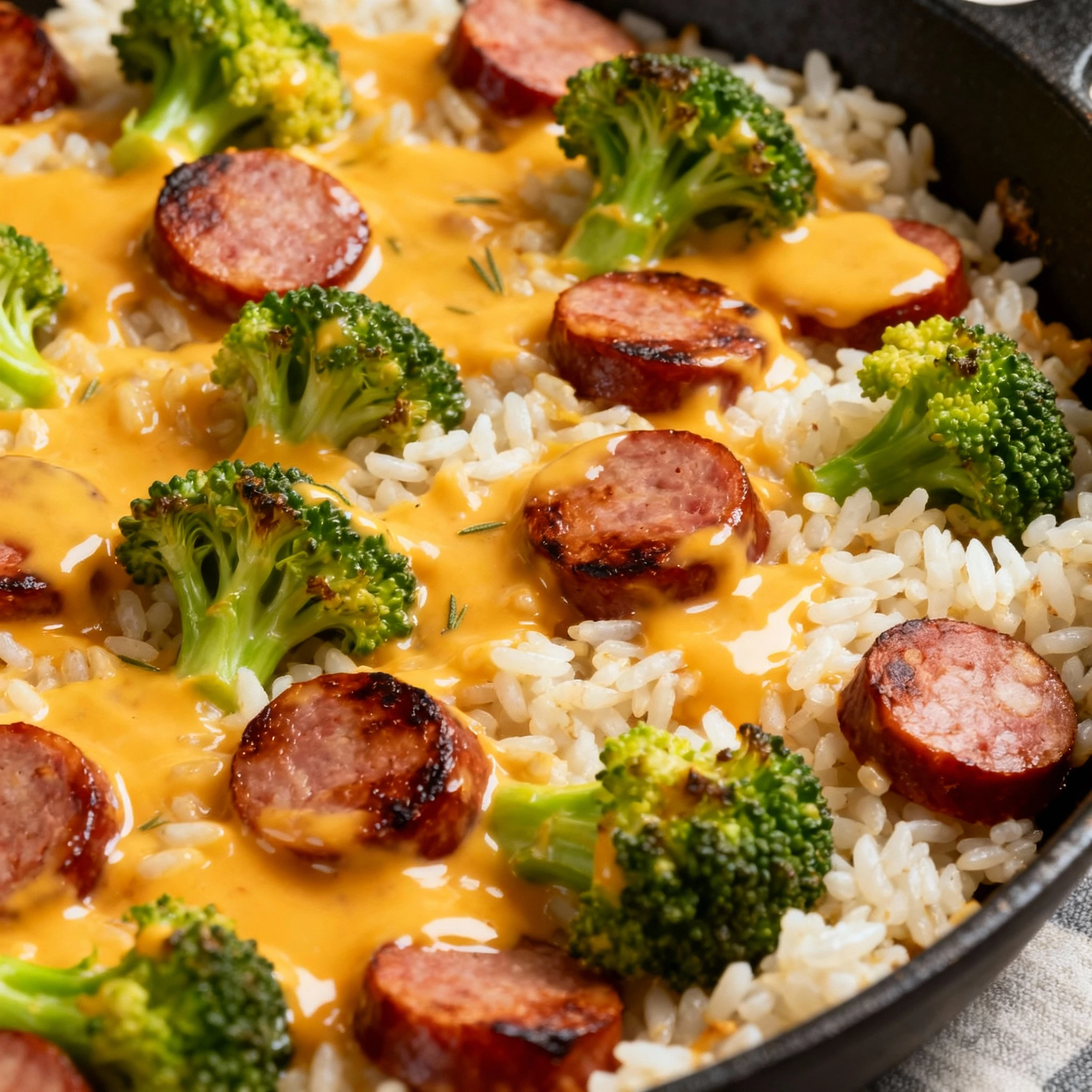 Cheesy Kielbasa Rice and Broccoli Skillet finished