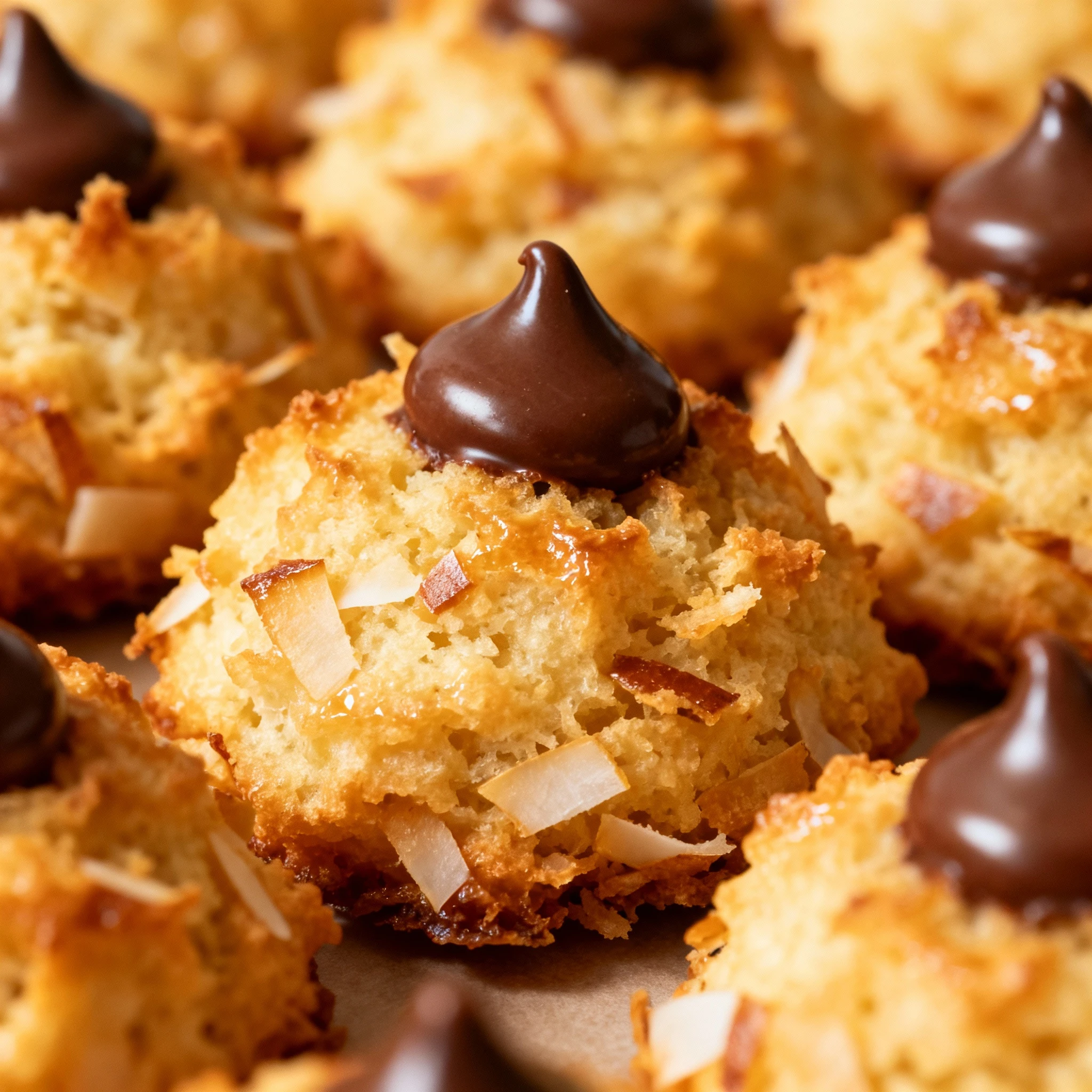 Chewy coconut macaroons topped with chocolate kisses these Coconut Macaroon Blossoms are as cute as they are delicious finished