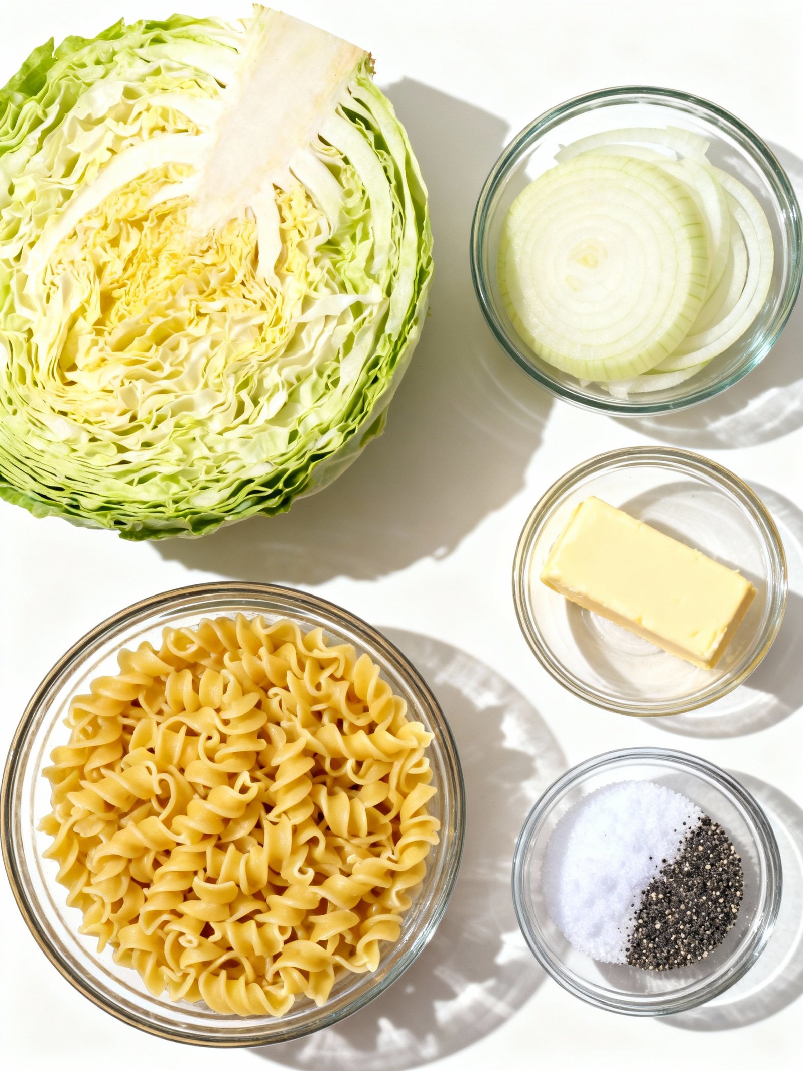 Depression era Cabbage and Noodles (Haluski) ingredients