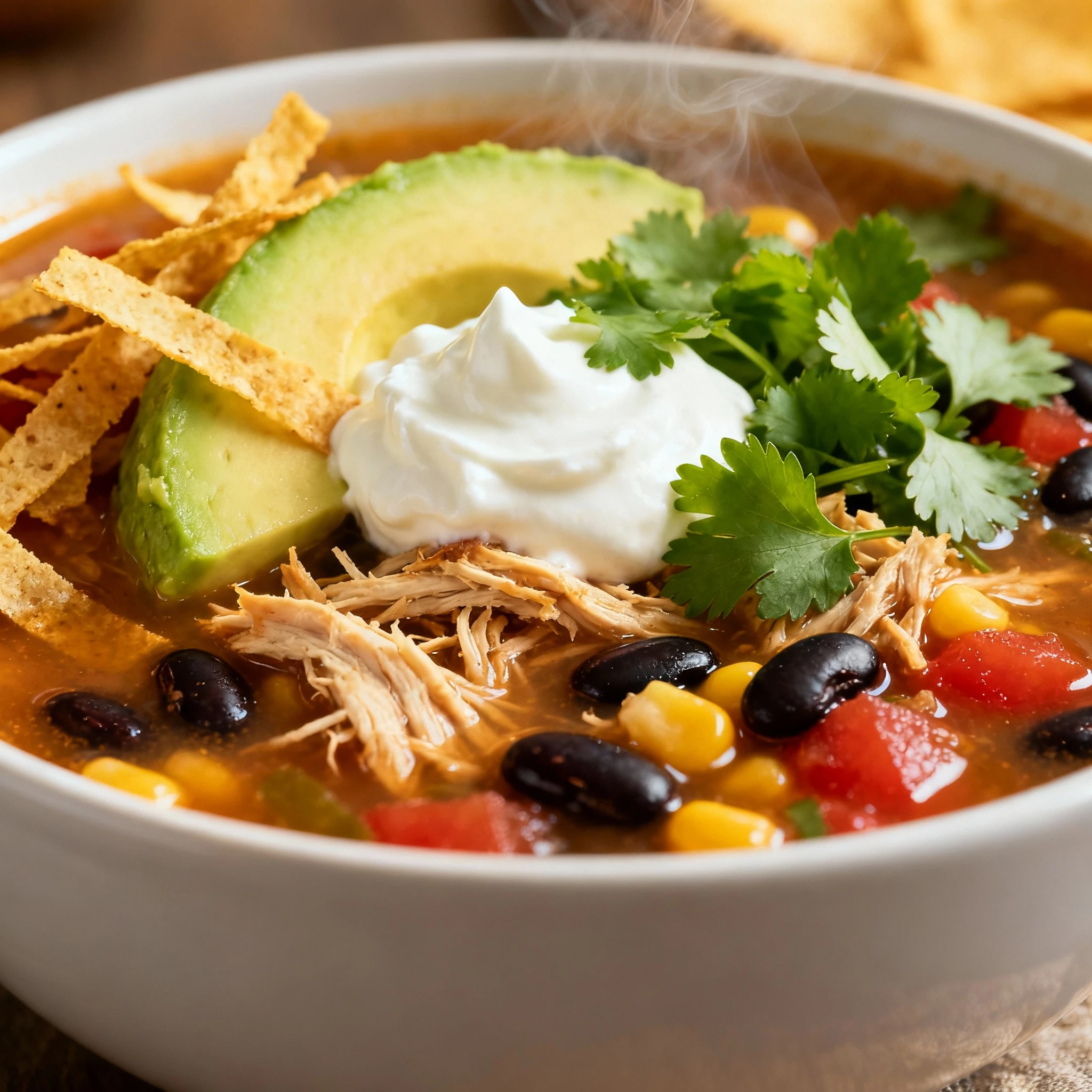 This quick and easy Chicken Taco Soup recipe is packed with tender chicken, beans, veggies and topped with your favorite taco toppings finished
