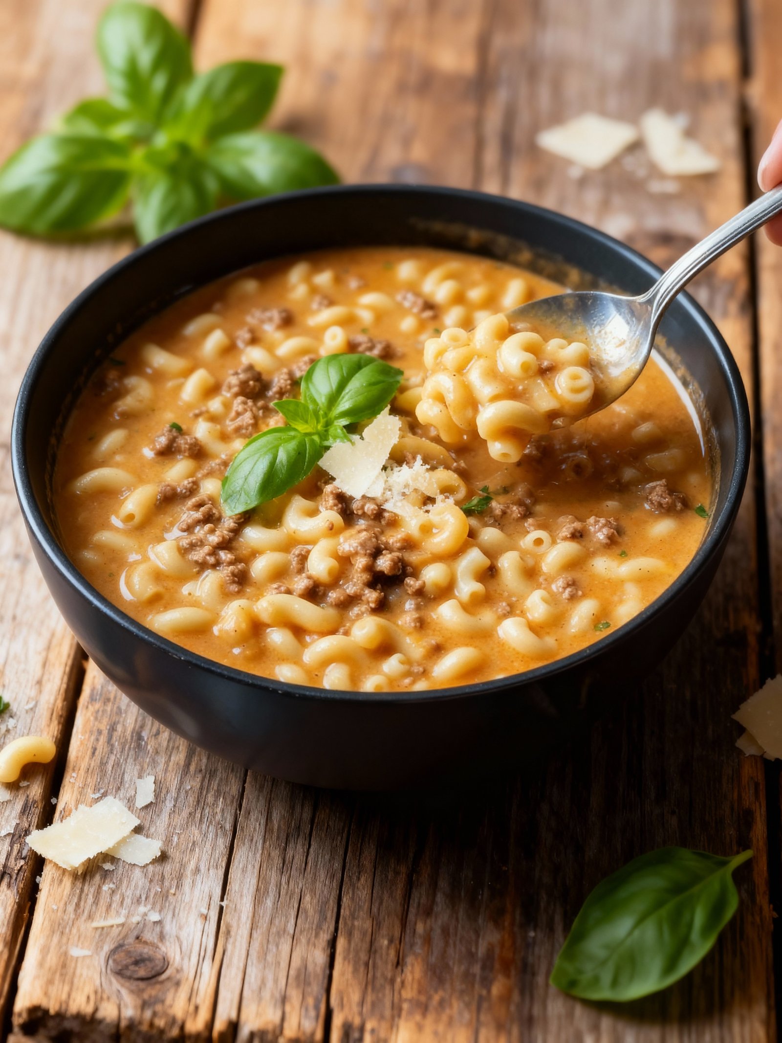 Creamy Beef Mac Soup finished
