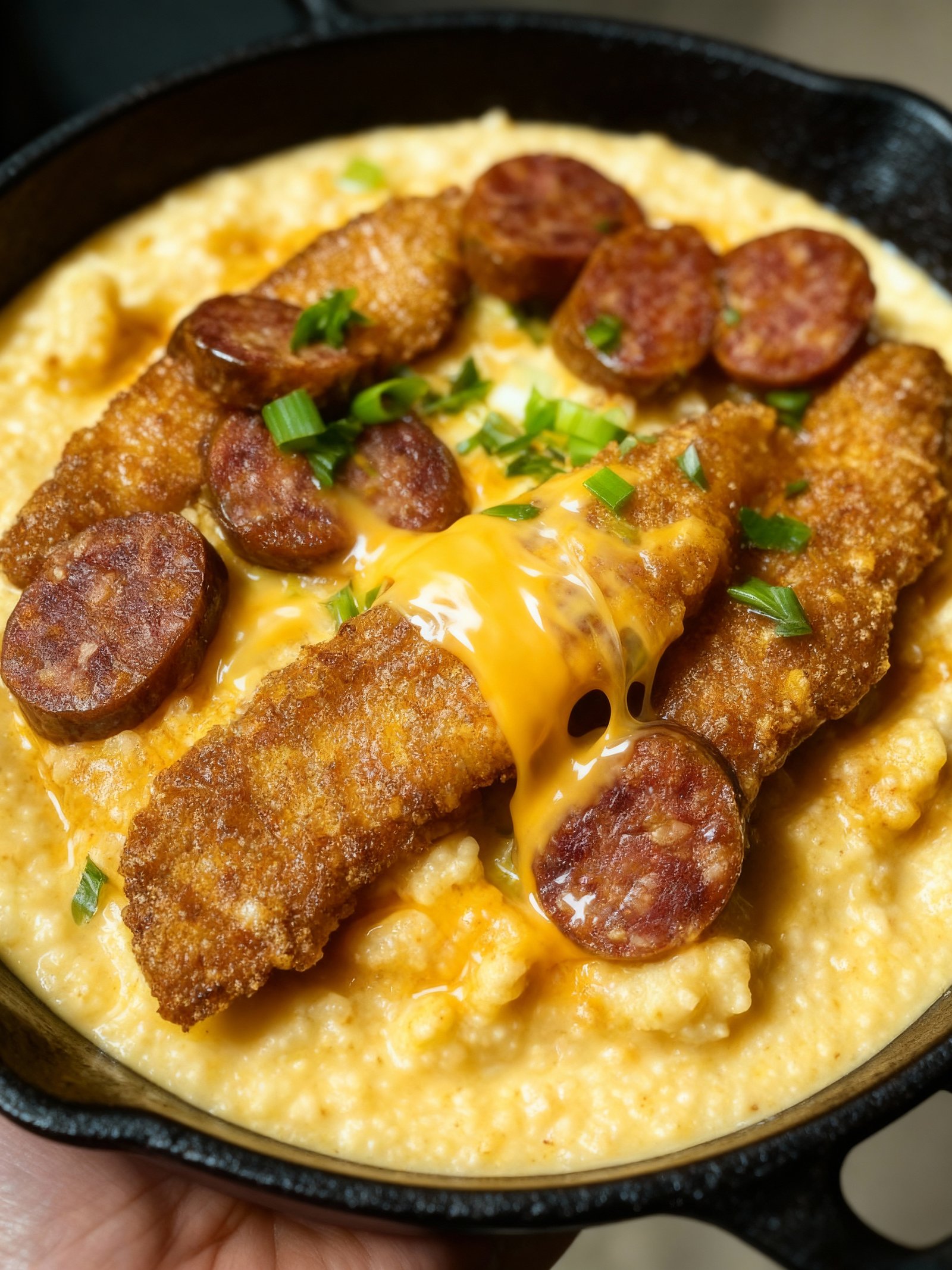 Fried Catfish Sausage Grits finished