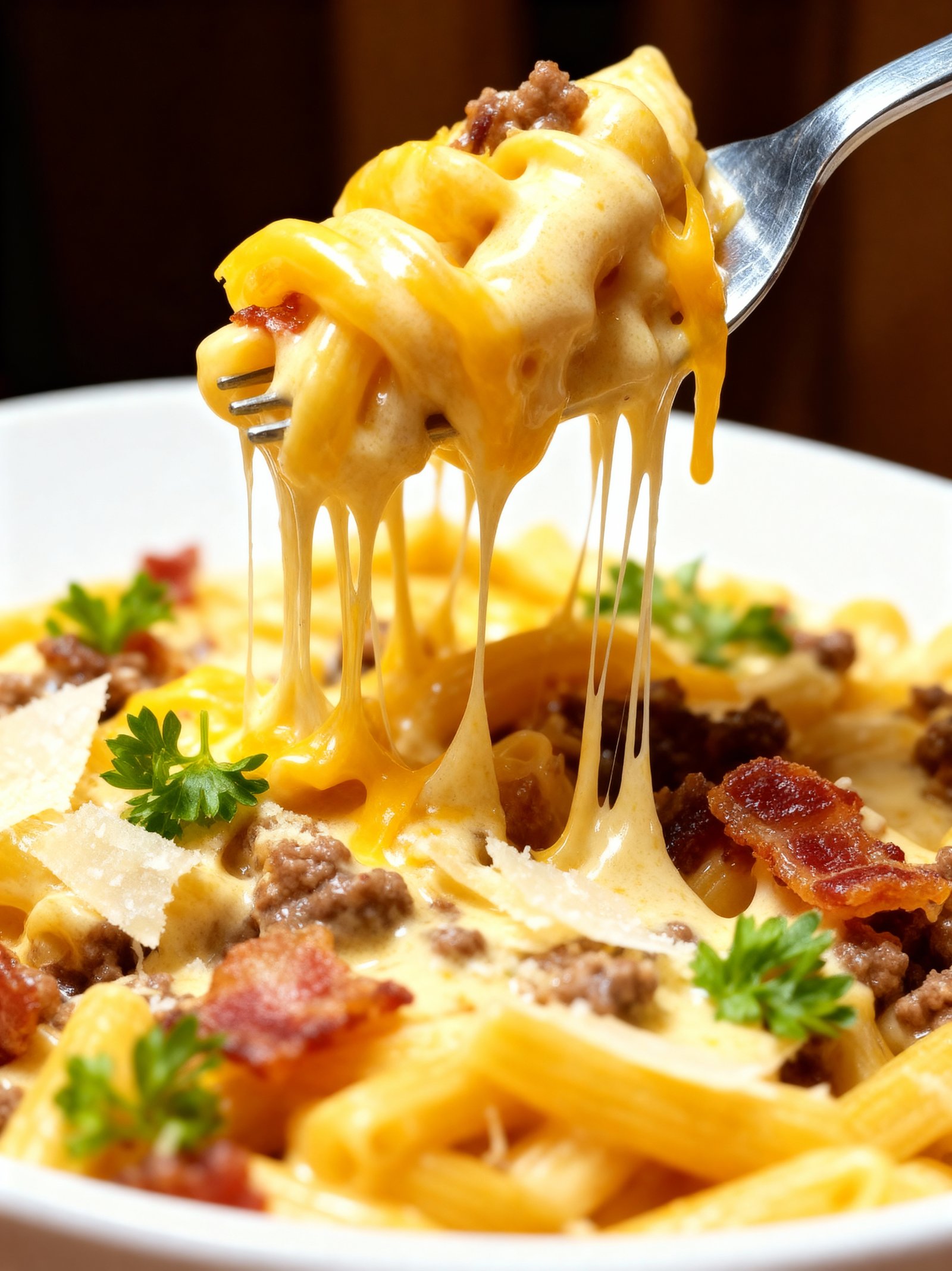 Loaded Bacon Cheeseburger Alfredo Pasta finished