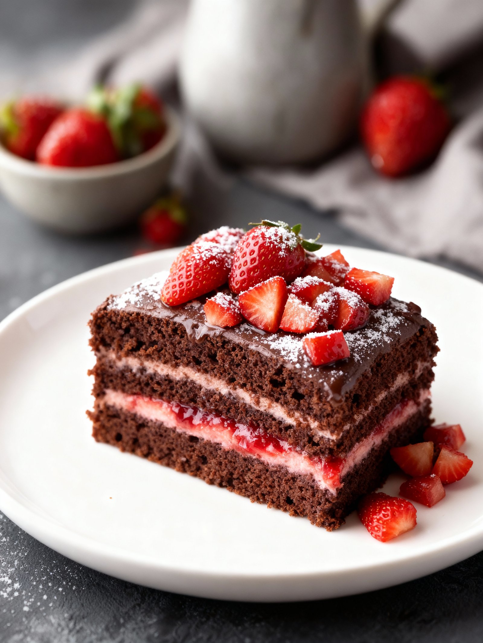 Moist Chocolate Cake with Strawberries finished