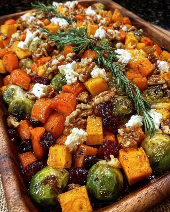 Caramelized Butternut Squash, Carrots, Brussels Sprouts & Sweet Potato with Feta, Walnuts & Cranberry-Honey Glaze ingredients