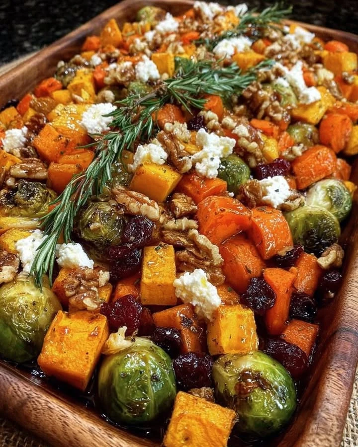 Caramelized Butternut Squash, Carrots, Brussels Sprouts & Sweet Potato with Feta, Walnuts & Cranberry-Honey Glaze finished