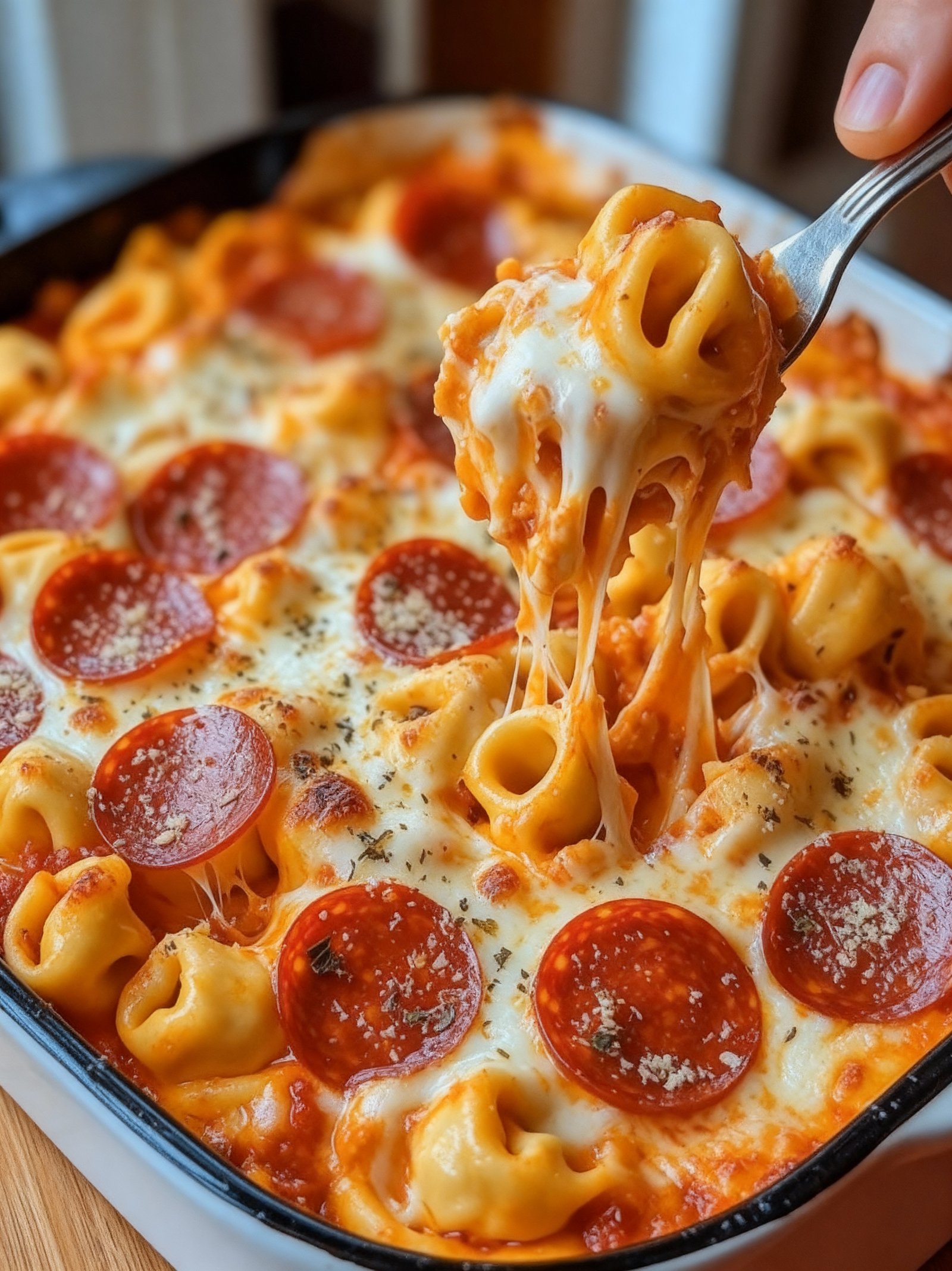 Cheese Tortellini Pizza Casserole finished