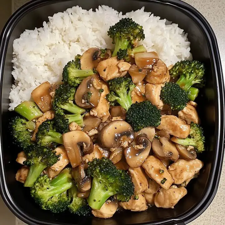 Recipe Title: Chicken & Broccoli Stir-Fry with Mushrooms and Steamed Rice ingredients