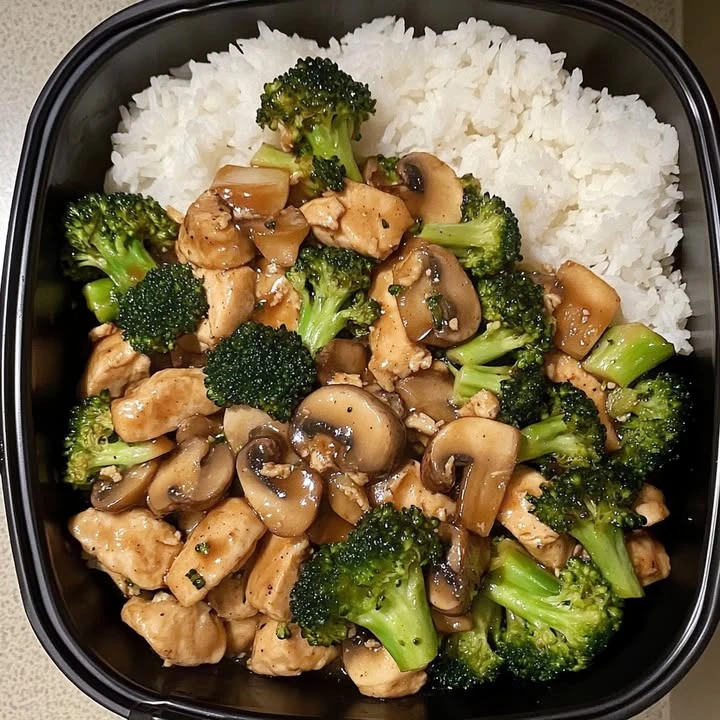 Recipe Title: Chicken & Broccoli Stir-Fry with Mushrooms and Steamed Rice finished