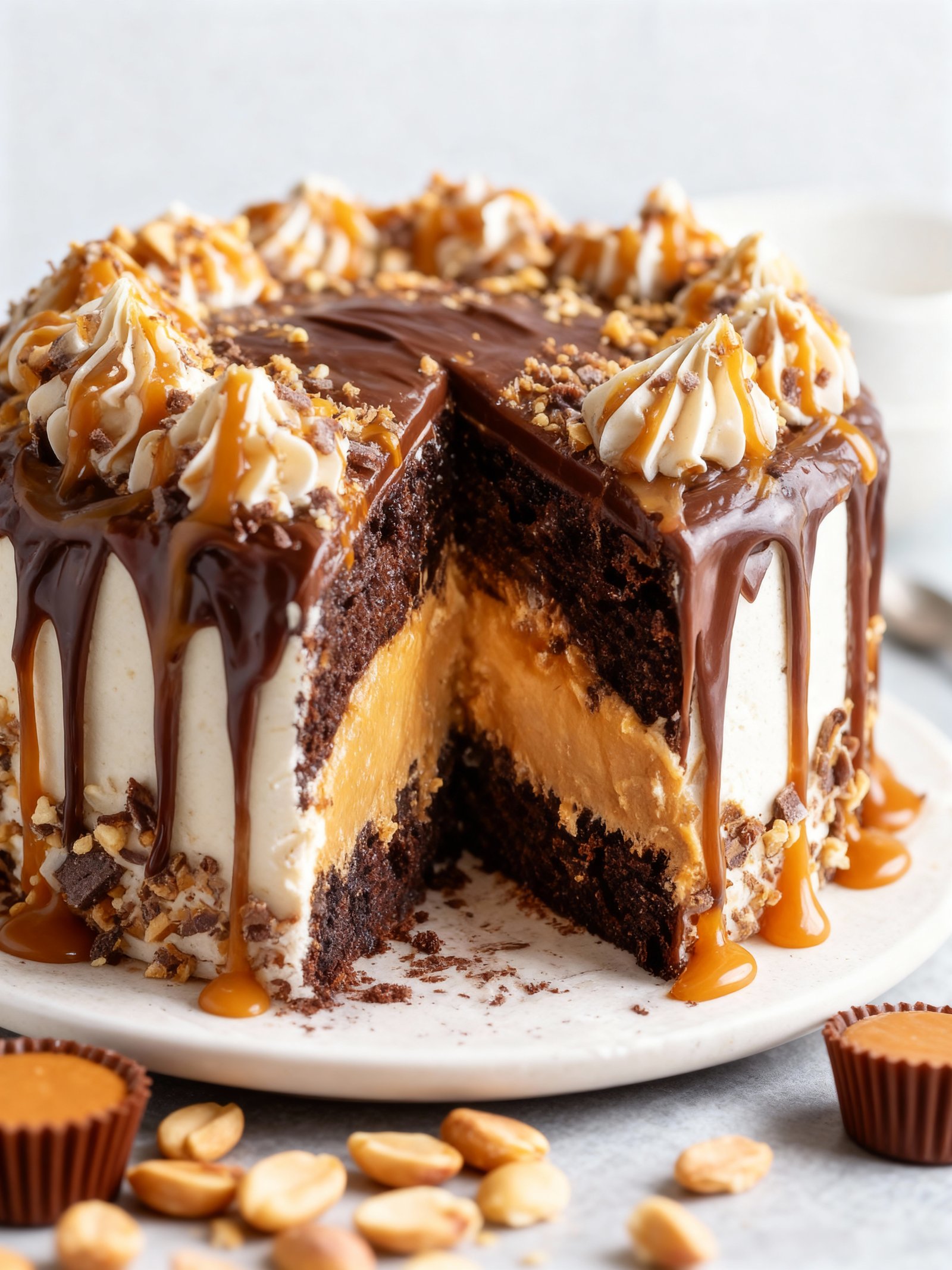 Chocolate Peanut Butter Caramel Cake finished