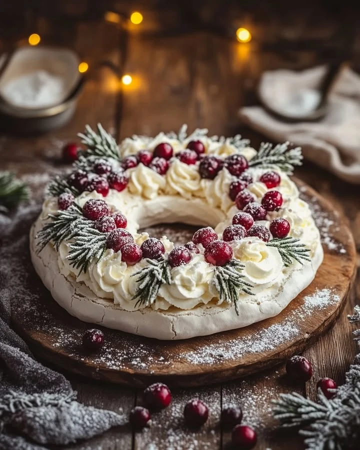 Cranberry & Vanilla Bean Pavlova Wreath finished