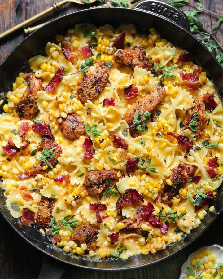 Creamy Chicken, Bacon, and Corn Pasta with Garlic Smoked Paprika Cream Sauce - in 30 minutes finished