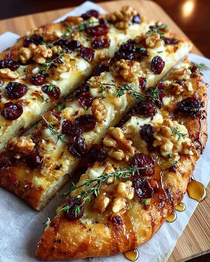 Crispy Flatbread with Brie, Cranberries & Toasted Walnuts with a Hot Honey Drizzle finished