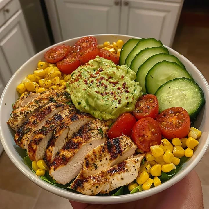 Epic Grilled Chicken Bowl with Creamy Avocado Sauce & Veggies finished