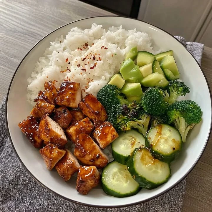 Glazed Chicken Rice Bowl with Broccoli & Cucumber finished