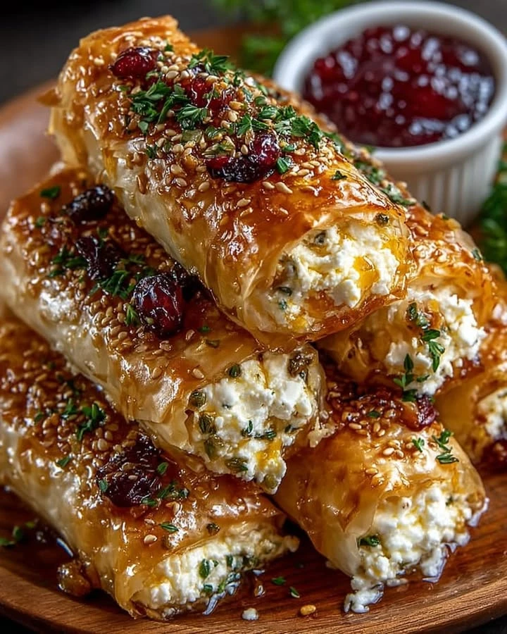 Golden Baked Feta Rolls with Sweet Cranberry Honey finished