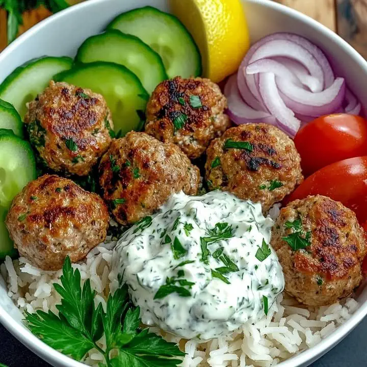 Greek Meatball Bowl with Tzatziki, Rice & Fresh Veggies ingredients
