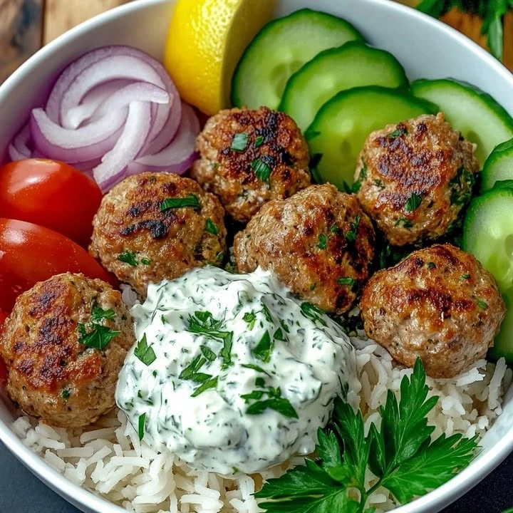 Greek Meatball Bowl with Tzatziki, Rice & Fresh Veggies finished