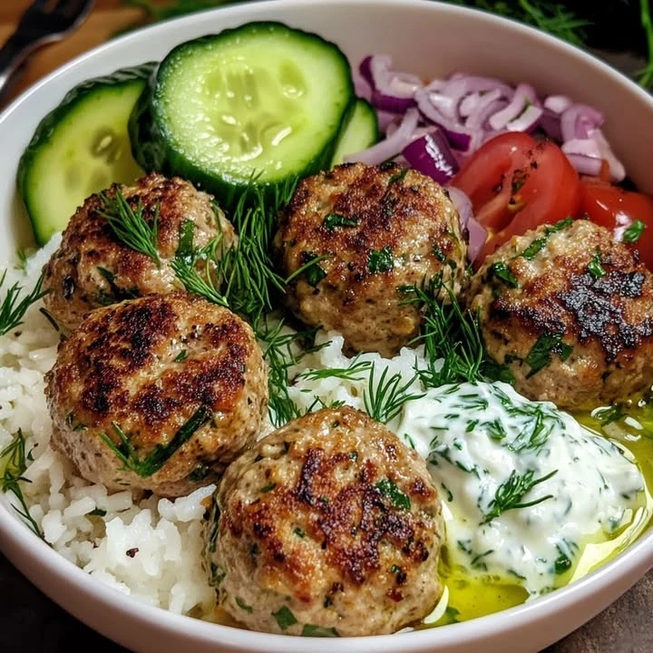 Greek Meatball Bowl with Tzatziki, Rice & Fresh Veggies finished