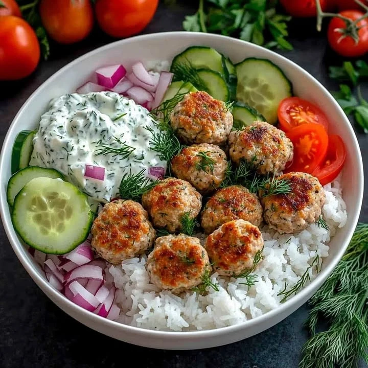 Greek Meatball Bowl with Tzatziki & Fresh Veggies finished