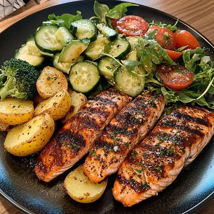 Grilled BBQ Salmon Plate with Roasted Potatoes & Fresh Veggies ingredients