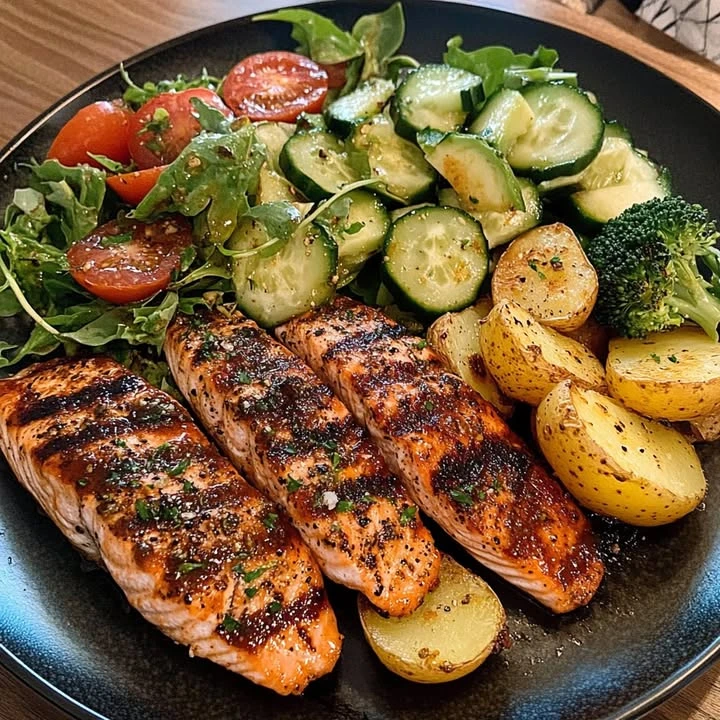 Grilled BBQ Salmon Plate with Roasted Potatoes & Fresh Veggies finished