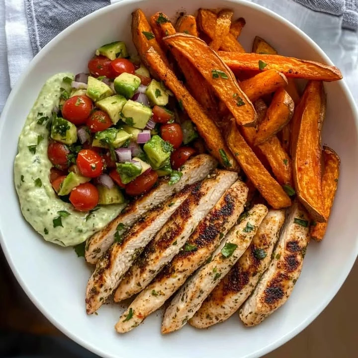 Grilled Herb Chicken Bowl with Sweet Potato Fries & Avocado Salsa finished