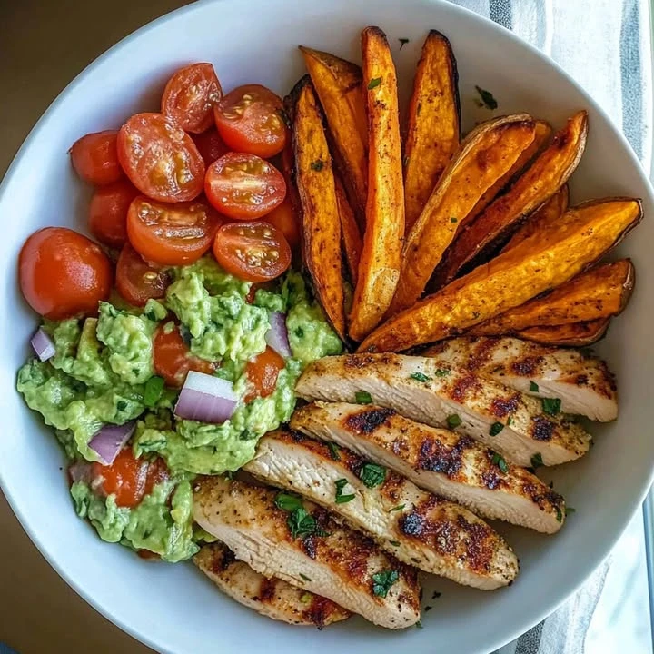 Grilled Herb Chicken Bowl with Sweet Potato Fries & Avocado Salsa finished