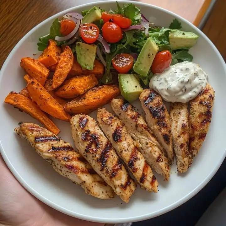 Loaded Grilled Chicken Bowl with Avocado Salsa & Sweet Potato Fries ingredients