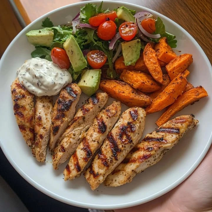 Loaded Grilled Chicken Bowl with Avocado Salsa & Sweet Potato Fries finished