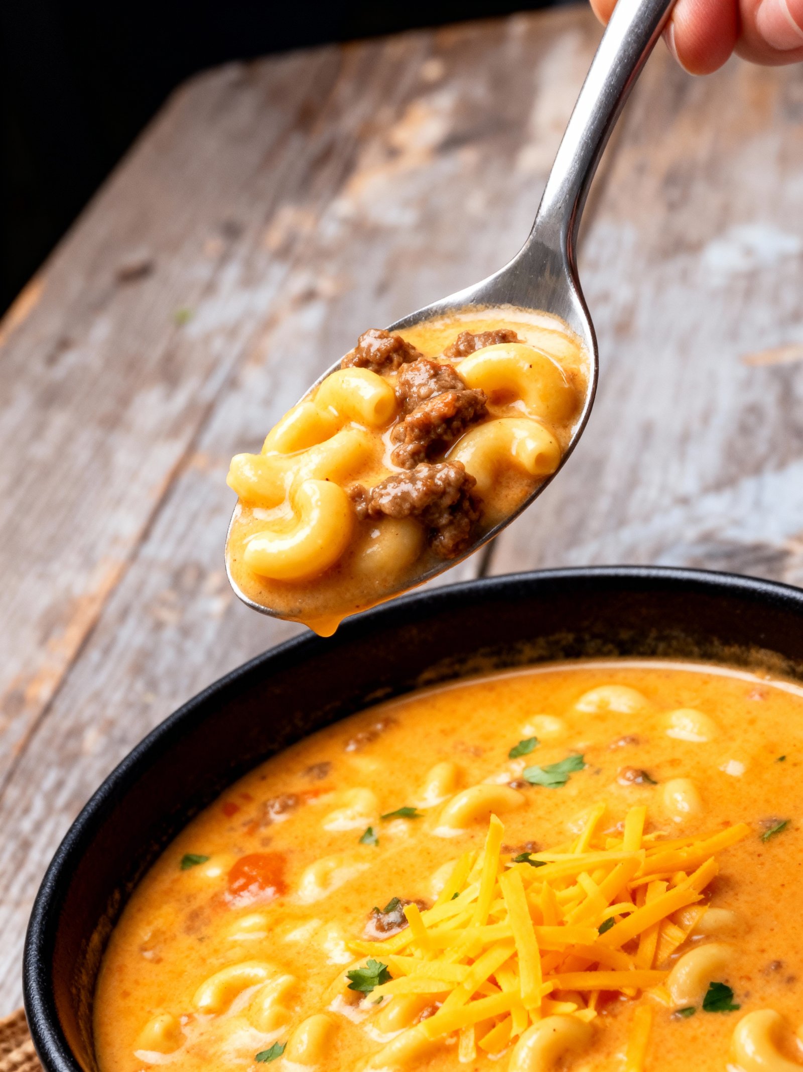 Macaroni Cheeseburger Soup finished