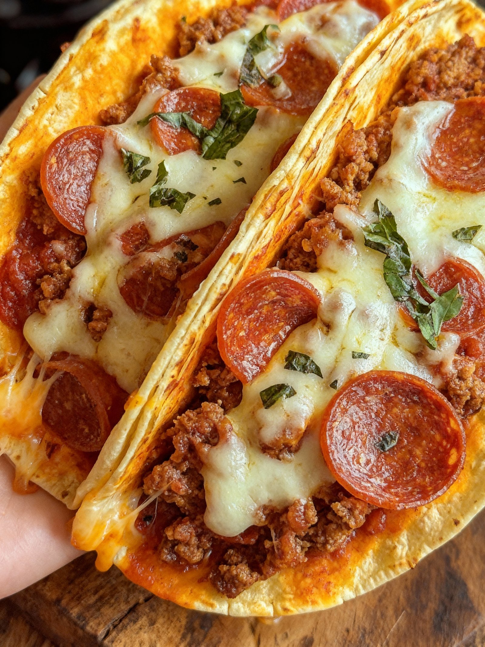 Meat Lovers Pepperoni Pizza Tacos finished