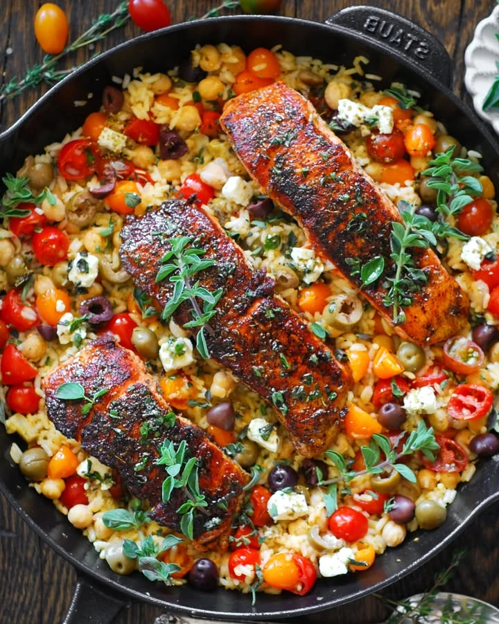 Mediterranean Salmon with Lemon Rice and Chickpeas in 30 Minutes finished