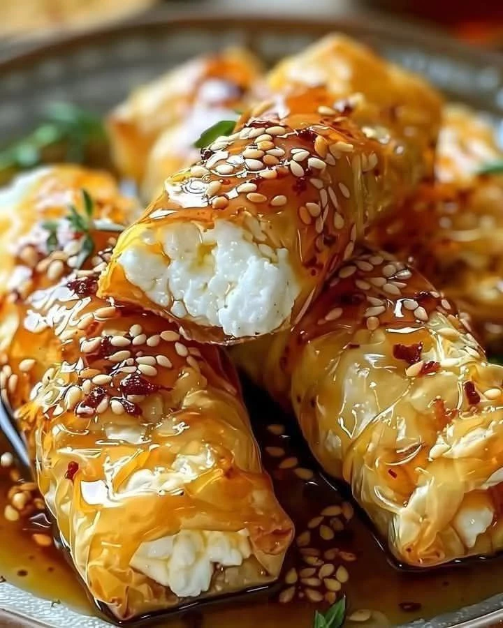 Oven Fried Feta Rolls with Chili Honey finished