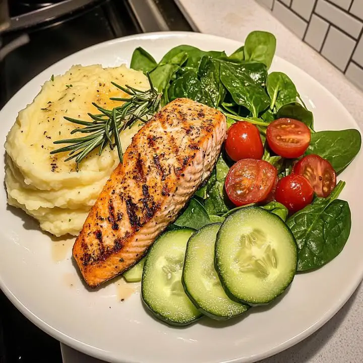 Pan-Seared Lemon Rosemary Salmon with Creamy Mashed Potatoes and Fresh Veggies ingredients