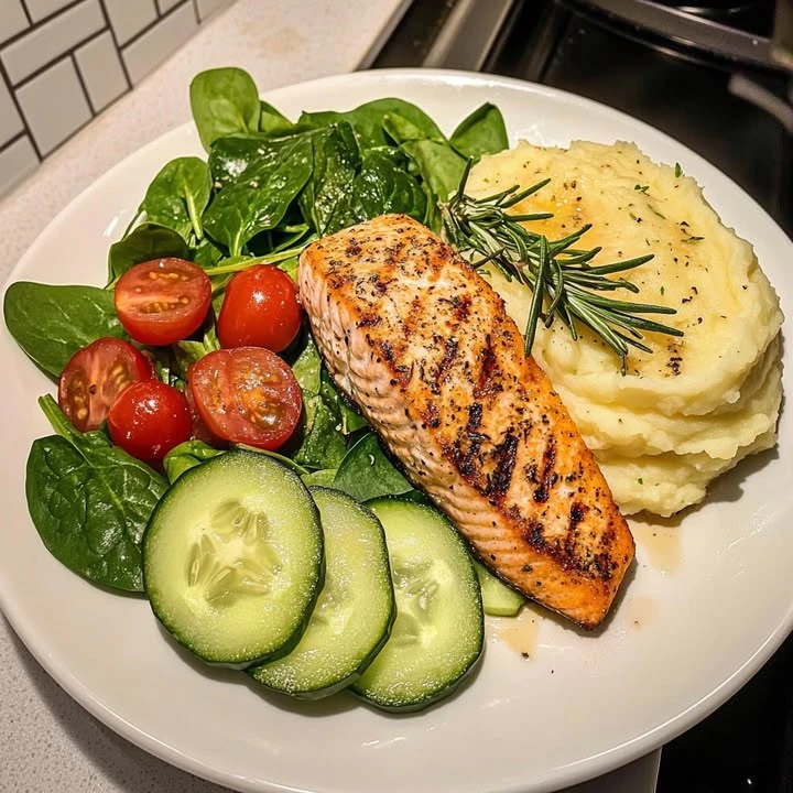 Pan-Seared Lemon Rosemary Salmon with Creamy Mashed Potatoes and Fresh Veggies finished
