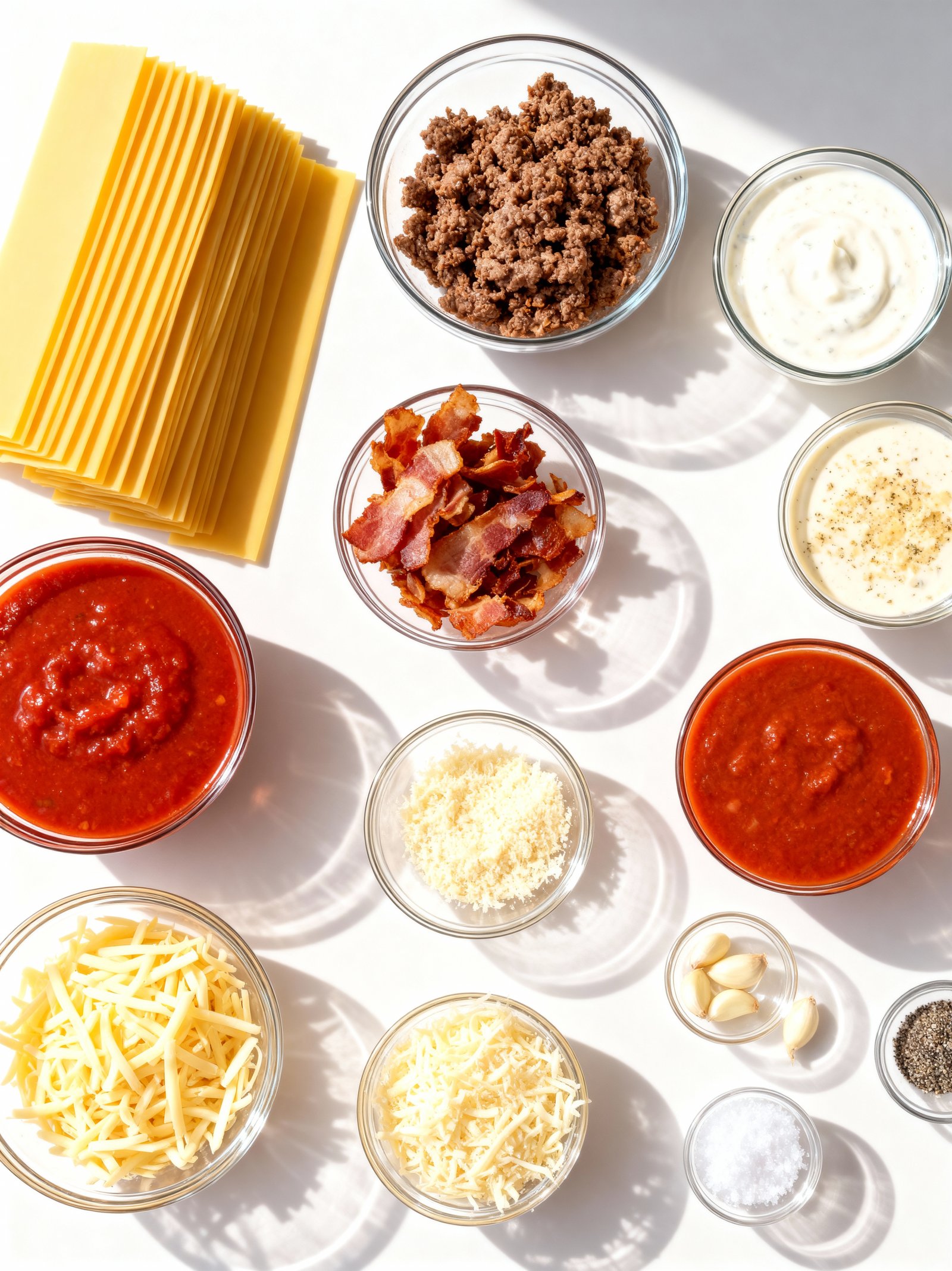 Parmesan Garlic Bacon Cheeseburger Lasagna ingredients