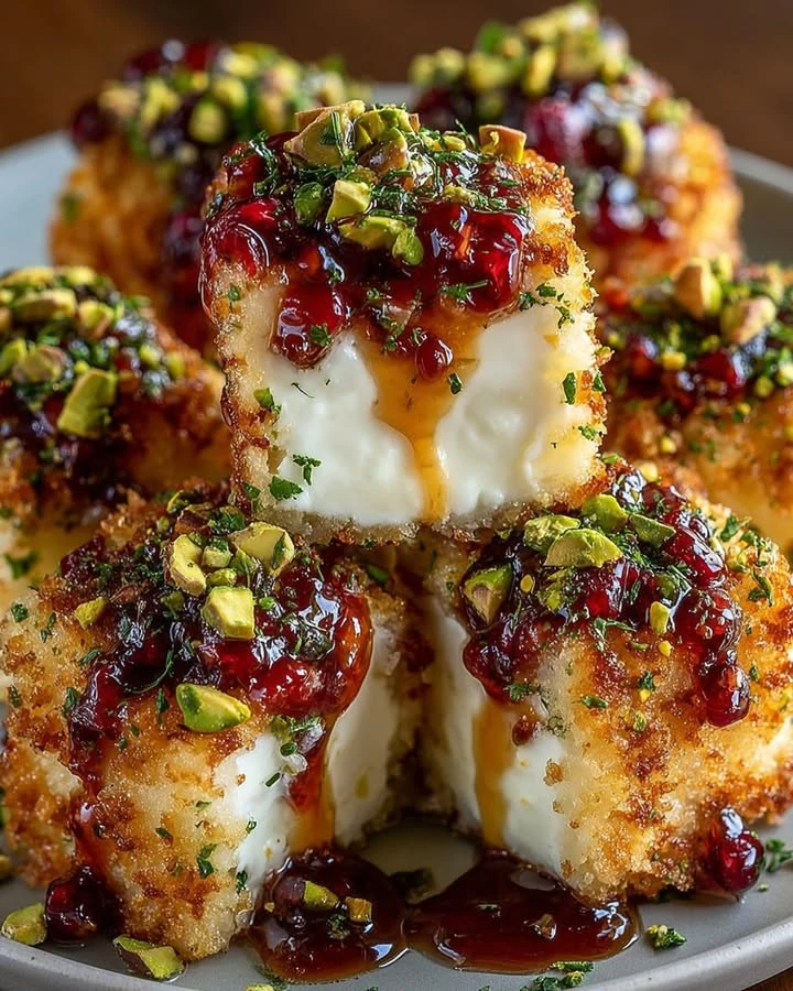 Pistachio-Crusted Brie Bites with Raspberry Honey Glaze finished