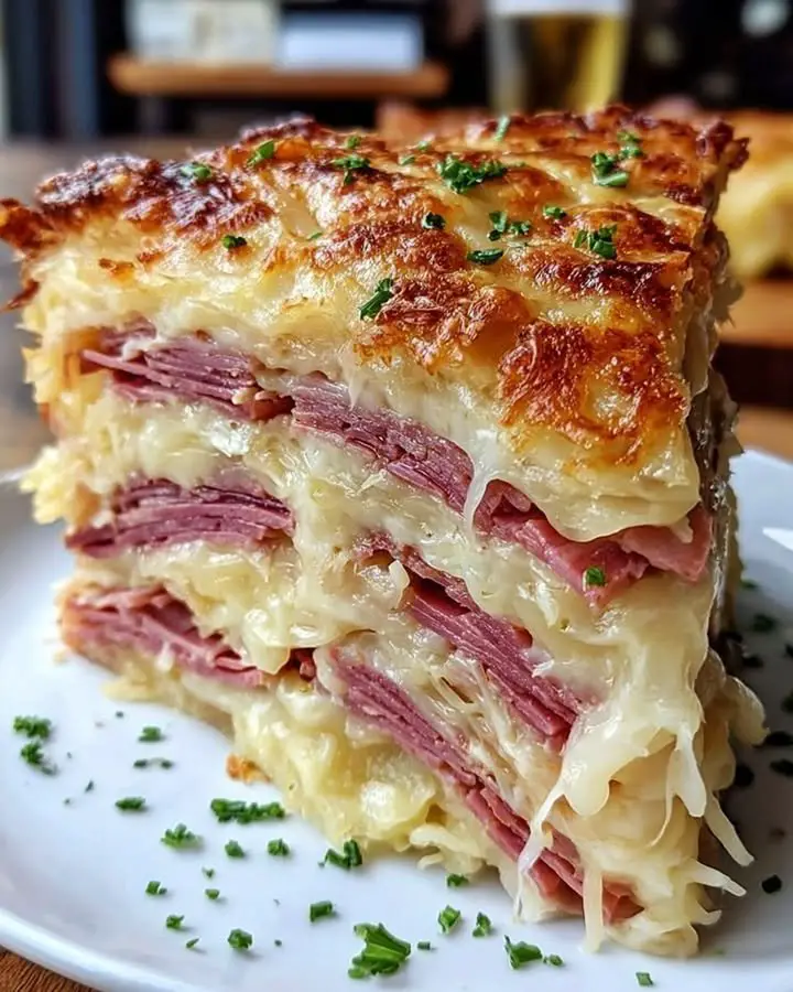 Reuben Bake with Layers of Corned Beef, Sauerkraut, and Swiss Cheese ingredients